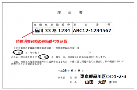 登録事項紛失理由書の記載例