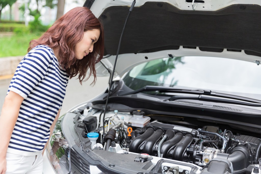 故障した車と女性